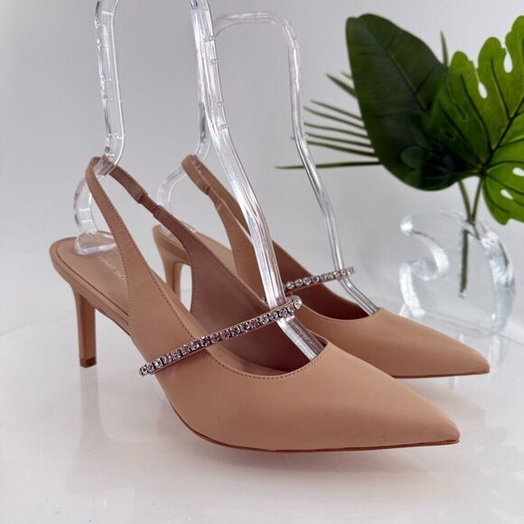 STUART WEITZMAN Crystalline 75 embellished leather slingback pump Size 9.5 Beige - Picture 1 of 16
